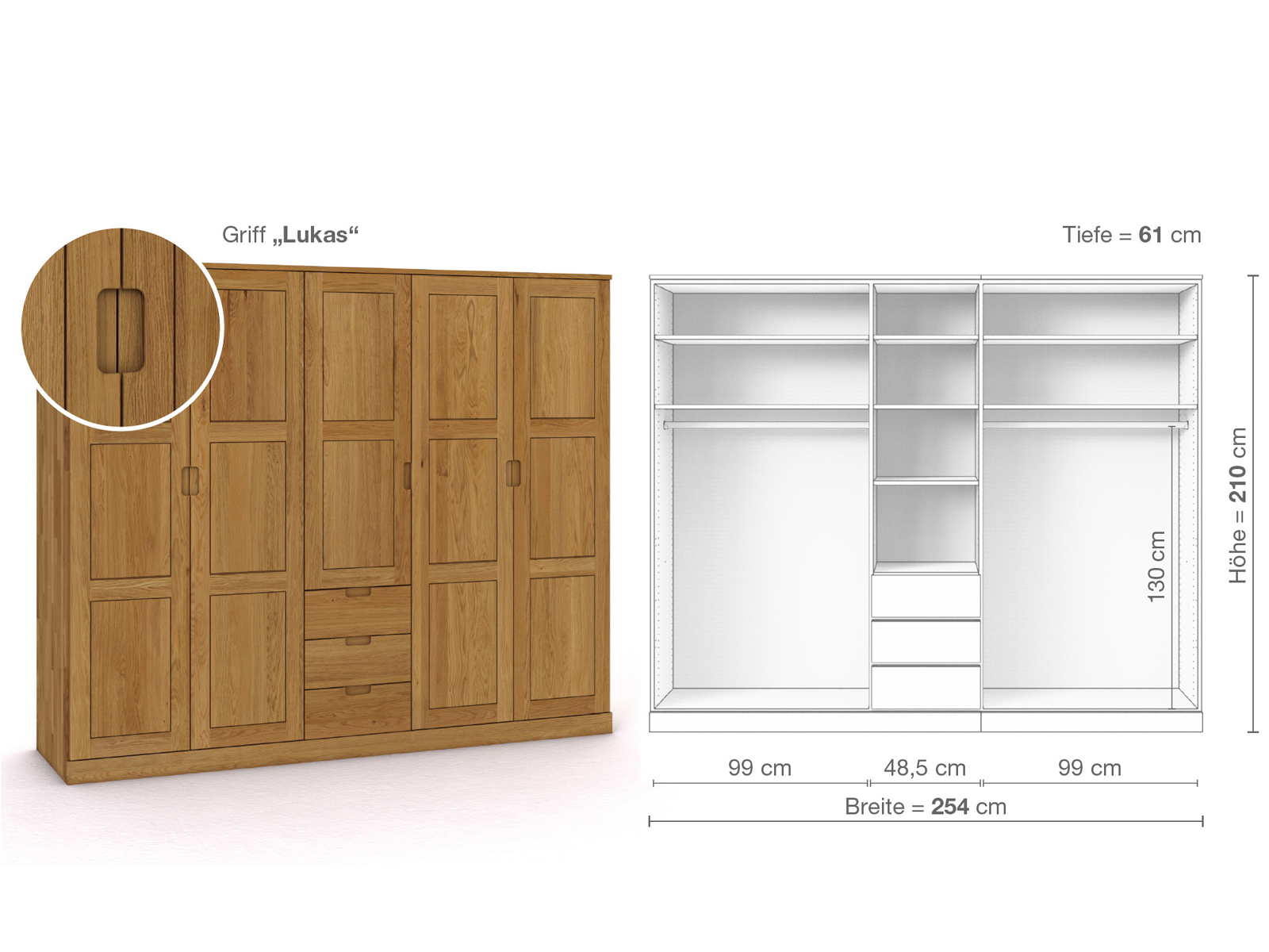 Eichenschrank „Enzian“, 5-türig, Höhe 210 cm, Griffausführung „Lukas“, Inneneinrichtung E