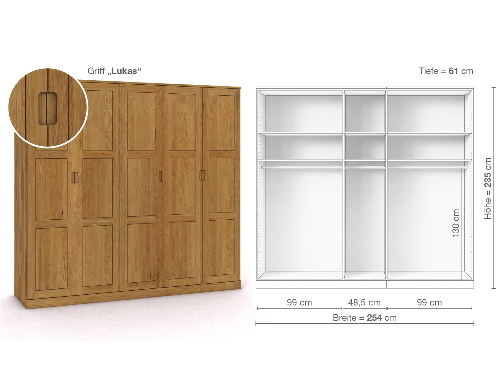 Eichenschrank „Enzian“, 5-türig, Höhe 235 cm, Griffausführung „Lukas“, Inneneinrichtung A