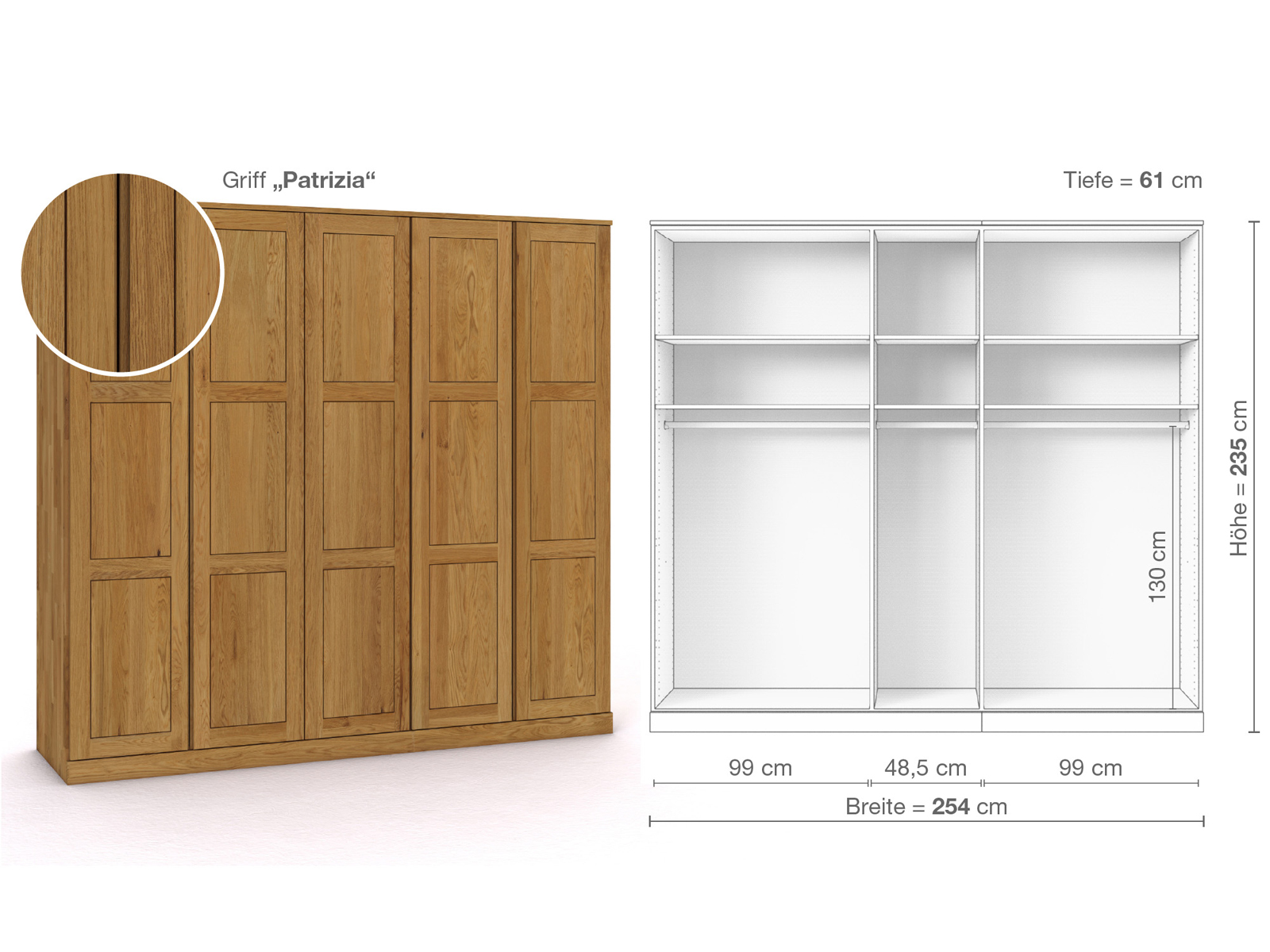 Eichenschrank „Enzian“, 5-türig, Höhe 235 cm, Griffausführung „Patrizia“, Inneneinrichtung A