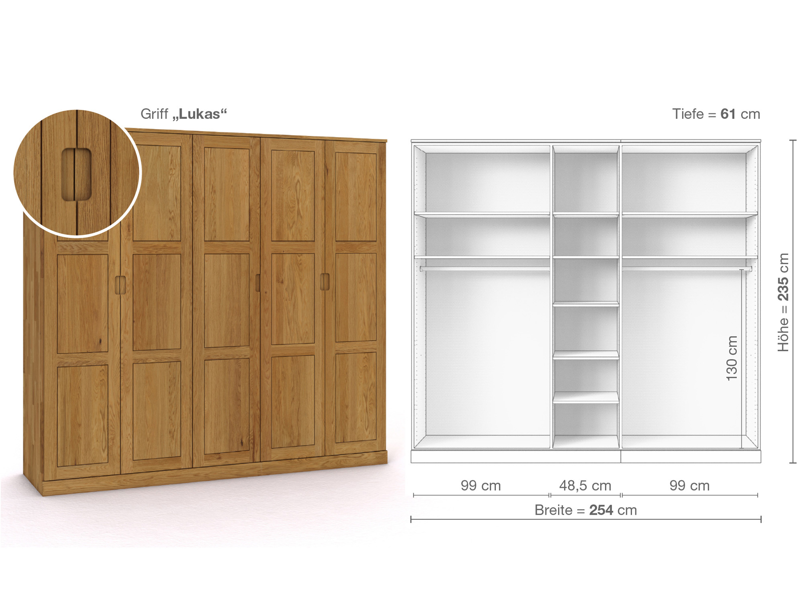 Eichenschrank „Enzian“, 5-türig, Höhe 235 cm, Griffausführung „Lukas“, Inneneinrichtung B