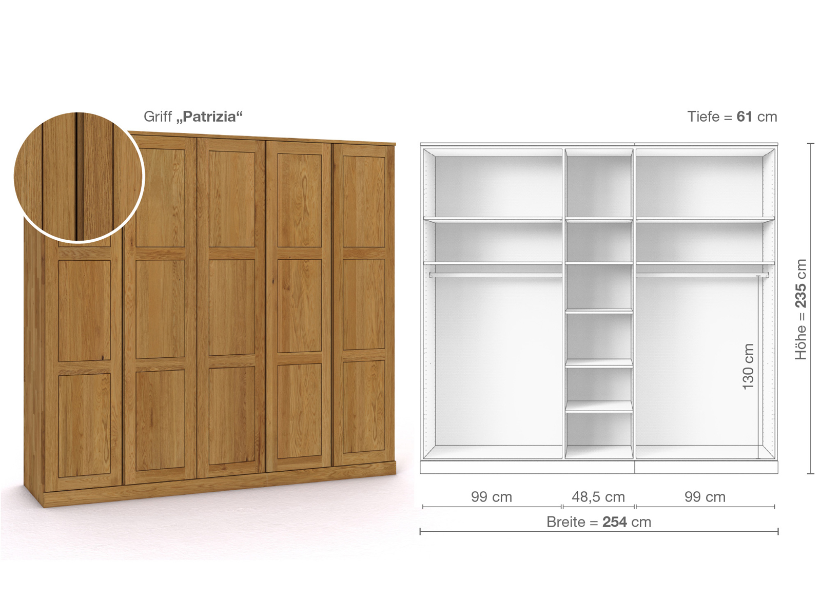 Eichenschrank „Enzian“, 5-türig, Höhe 235 cm, Griffausführung „Patrizia“, Inneneinrichtung B