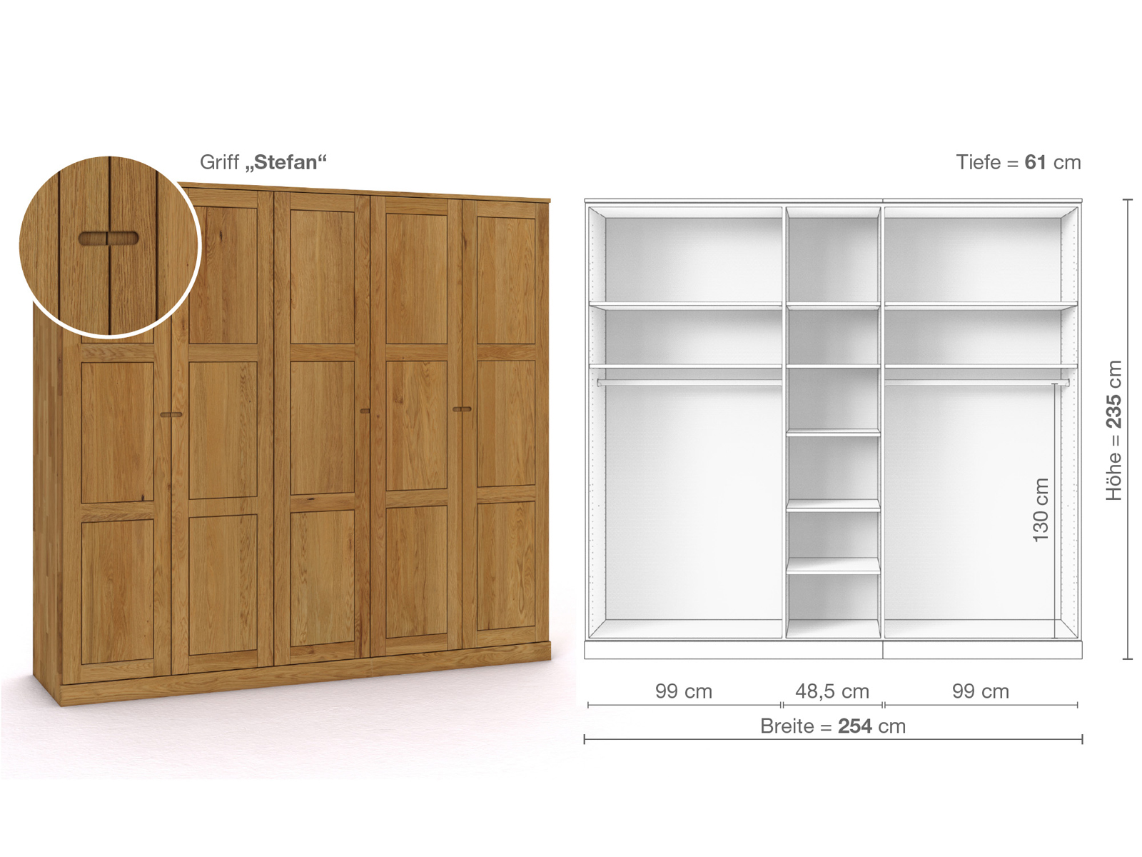 Eichenschrank „Enzian“, 5-türig, Höhe 235 cm, Griffausführung „Stefan“, Inneneinrichtung B