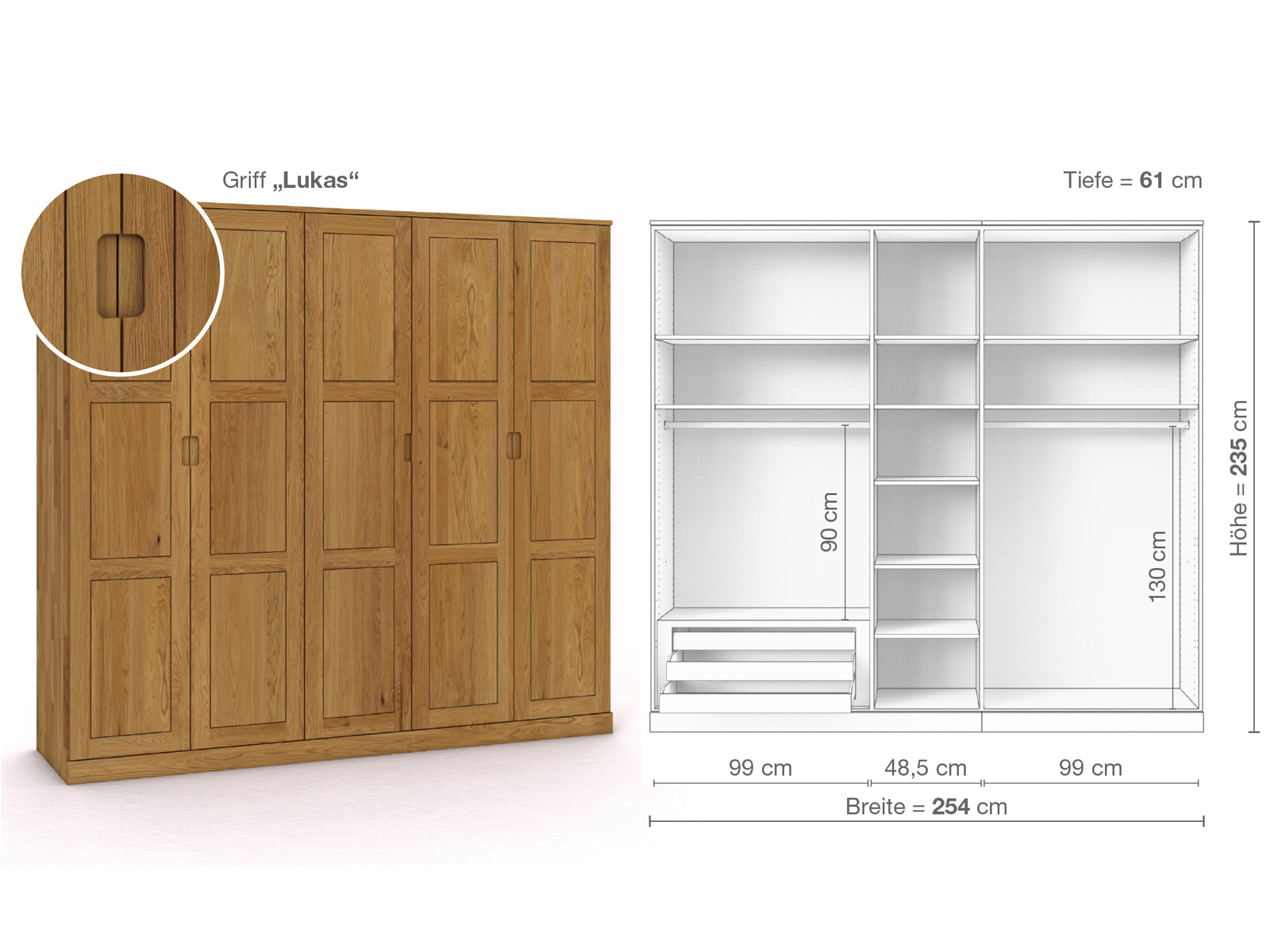 Eichenschrank „Enzian“, 5-türig, Höhe 235 cm, Griffausführung „Lukas“, Inneneinrichtung C