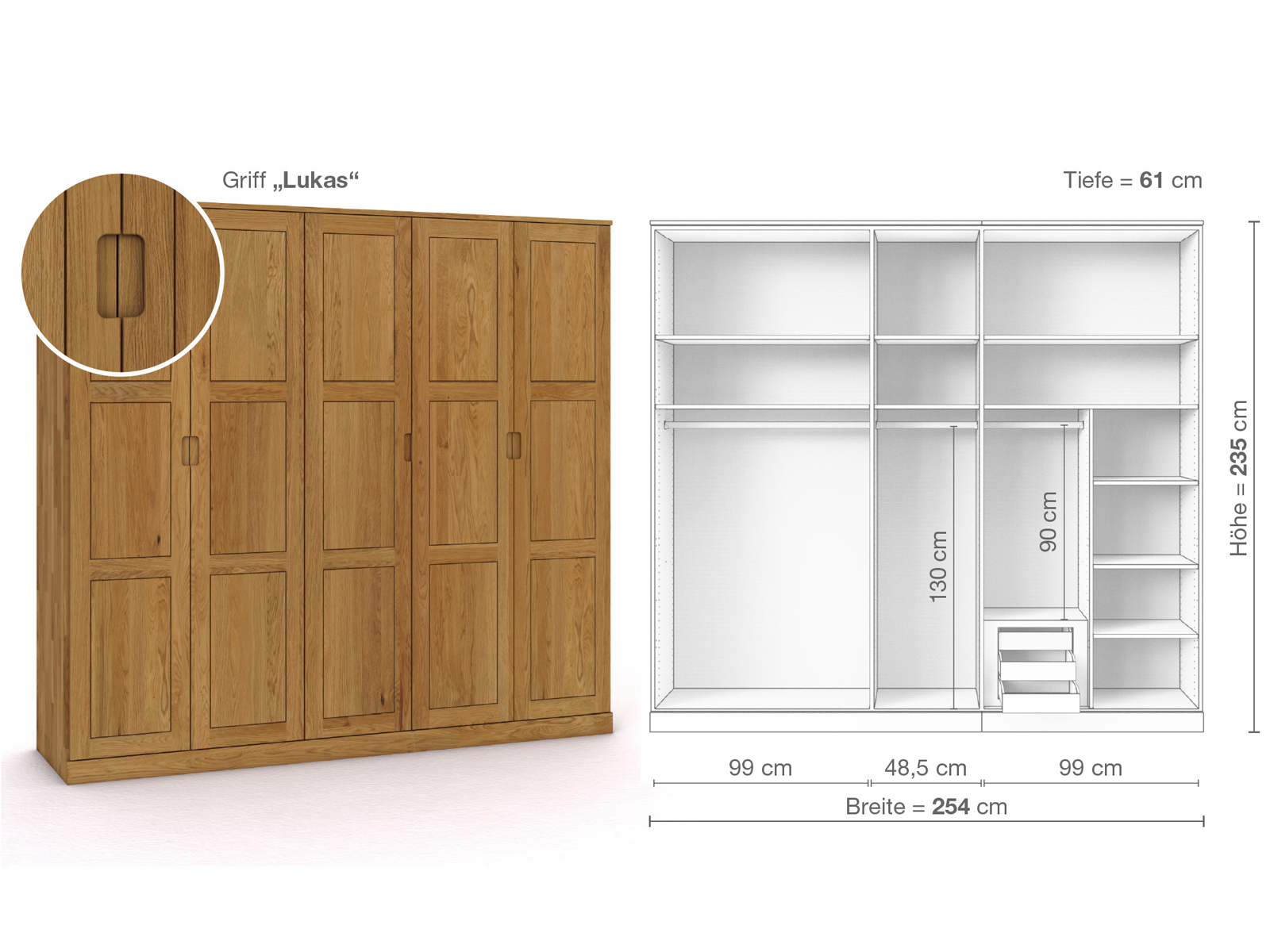 Eichenschrank „Enzian“, 5-türig, Höhe 235 cm, Griffausführung „Lukas“, Inneneinrichtung D