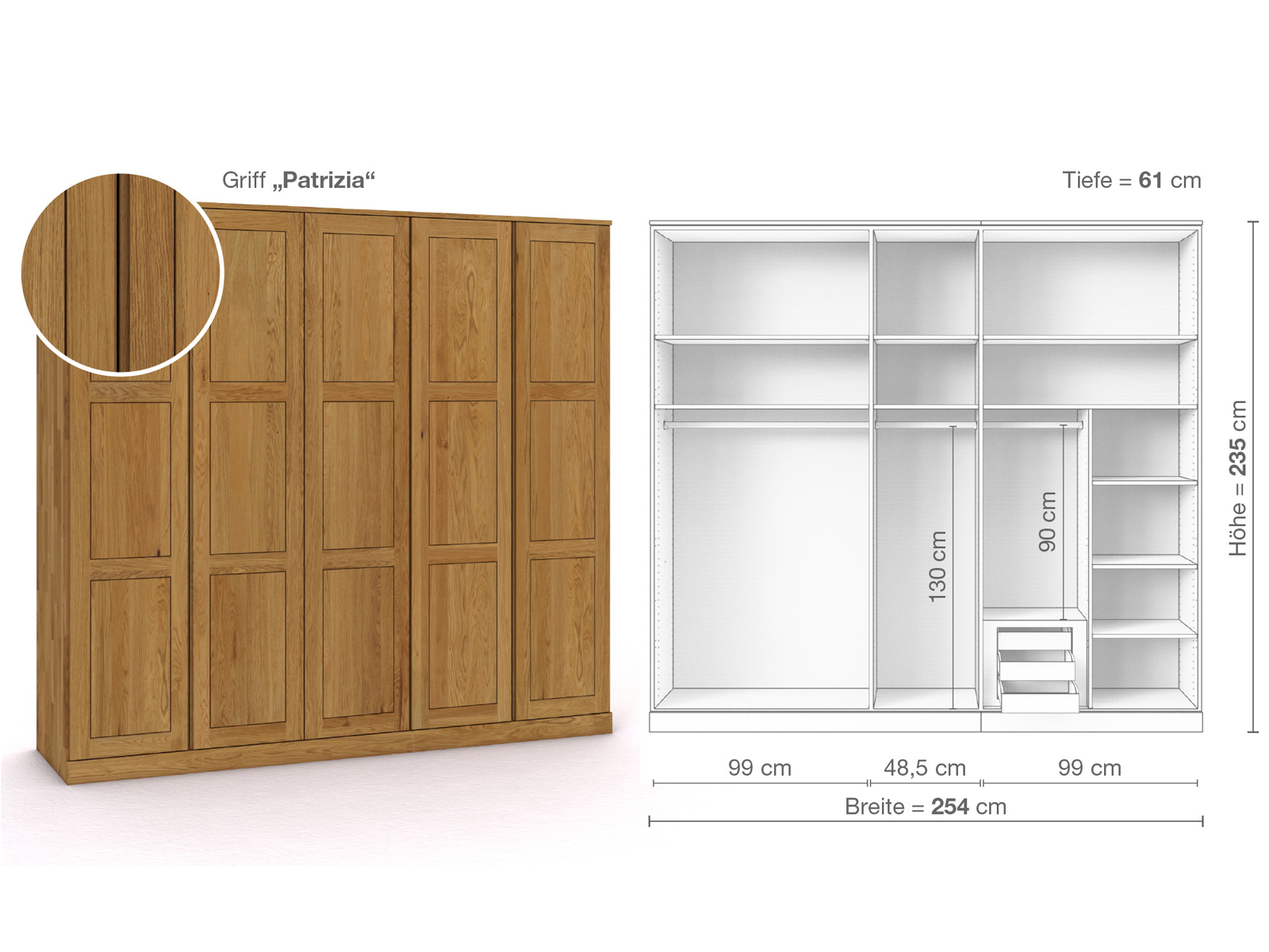 Eichenschrank „Enzian“, 5-türig, Höhe 235 cm, Griffausführung „Patrizia“, Inneneinrichtung D