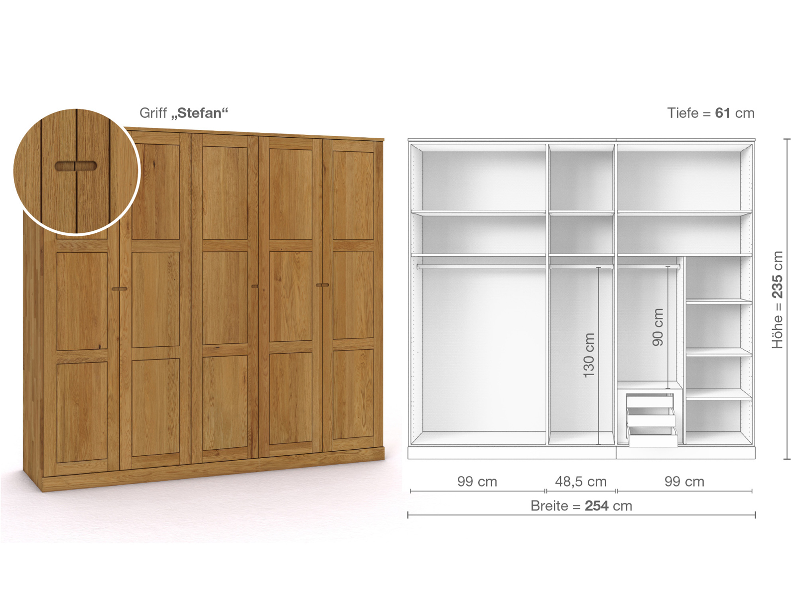 Eichenschrank „Enzian“, 5-türig, Höhe 235 cm, Griffausführung „Stefan“, Inneneinrichtung D