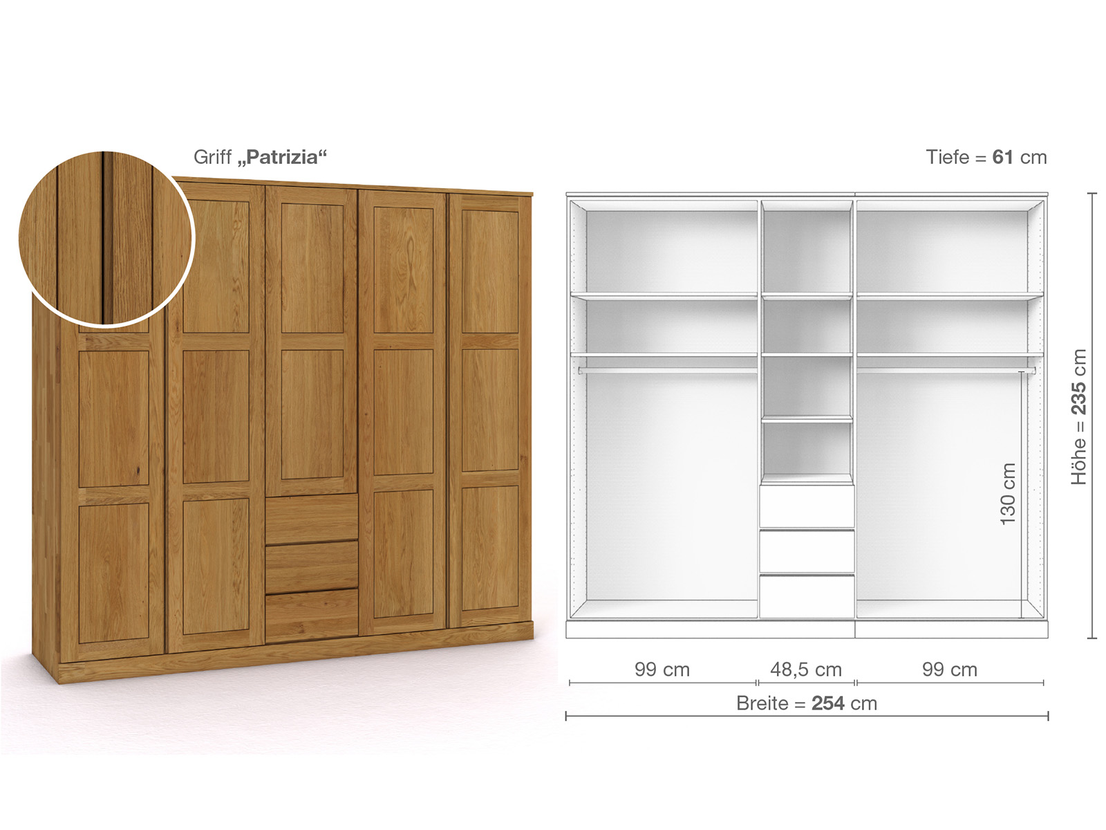 Eichenschrank „Enzian“, 5-türig, Höhe 235 cm, Griffausführung „Patrizia“, Inneneinrichtung E