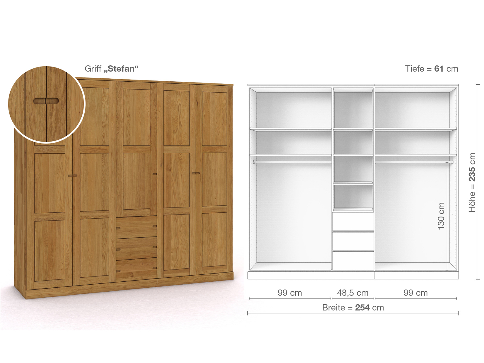 Eichenschrank „Enzian“, 5-türig, Höhe 235 cm, Griffausführung „Stefan“, Inneneinrichtung E