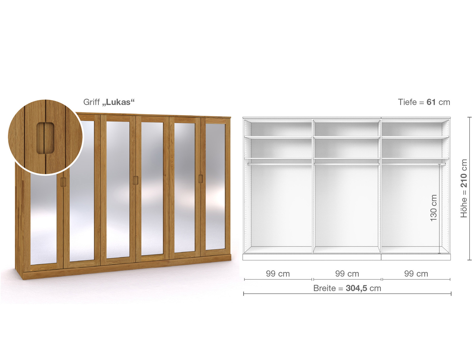 Eichenschrank „Alpenrose“, 6-türig, Höhe 210 cm, Griffausführung „Lukas“, Inneneinrichtung A