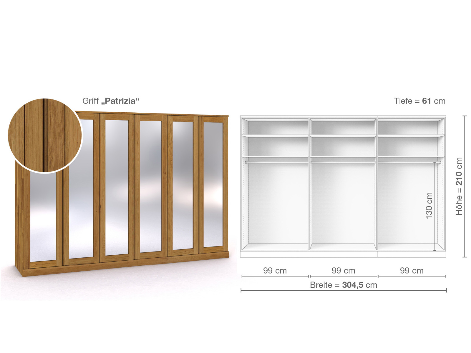 Eichenschrank „Alpenrose“, 6-türig, Höhe 210 cm, Griffausführung „Patrizia“, Inneneinrichtung A