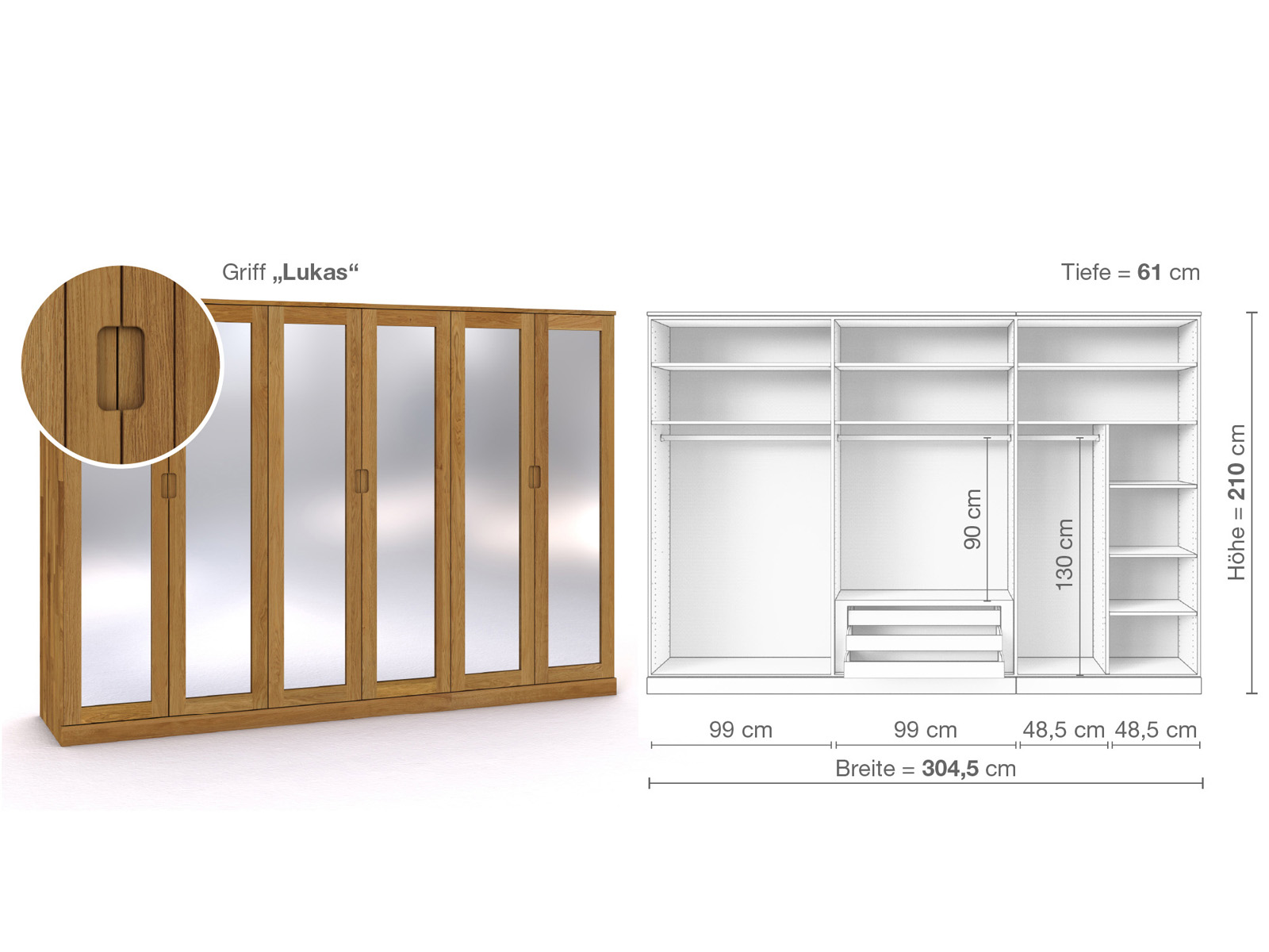 Eichenschrank „Alpenrose“, 6-türig, Höhe 210 cm, Griffausführung „Lukas“, Inneneinrichtung B