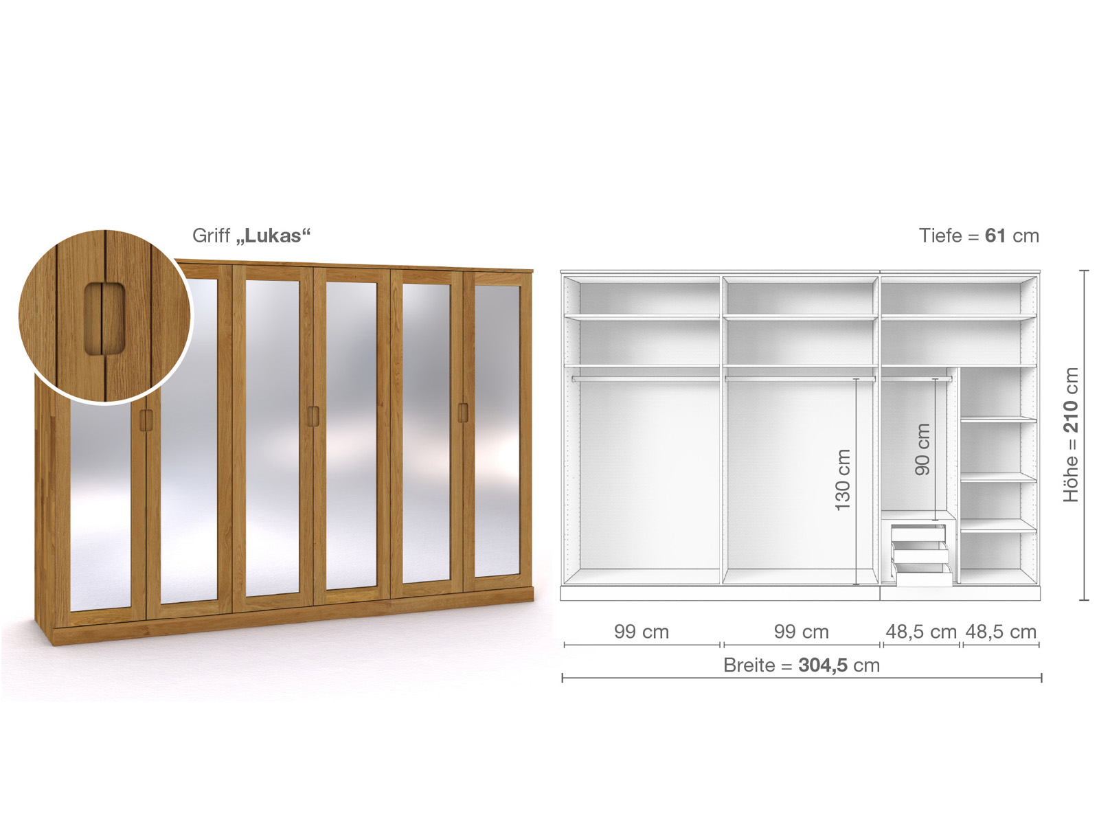 Eichenschrank „Alpenrose“, 6-türig, Höhe 210 cm, Griffausführung „Lukas“, Inneneinrichtung C