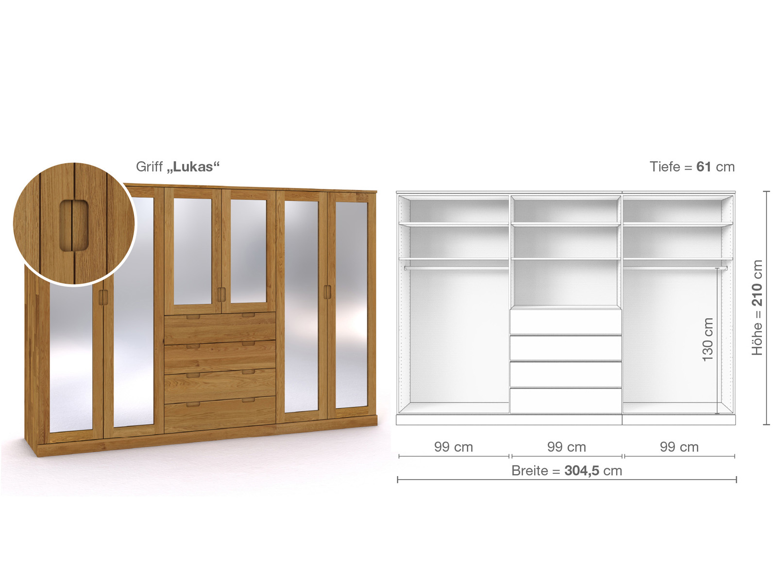 Eichenschrank „Alpenrose“, 6-türig, Höhe 210 cm, Griffausführung „Lukas“, Inneneinrichtung D