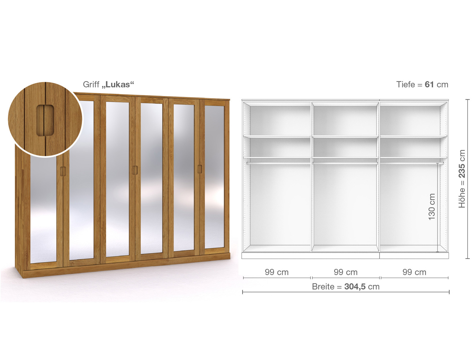 Eichenschrank „Alpenrose“, 6-türig, Höhe 235 cm, Griffausführung „Lukas“, Inneneinrichtung A