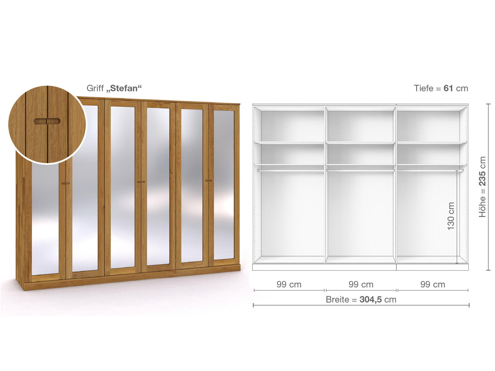 Eichenschrank „Alpenrose“, 6-türig, Höhe 235 cm, Griffausführung „Stefan“, Inneneinrichtung A