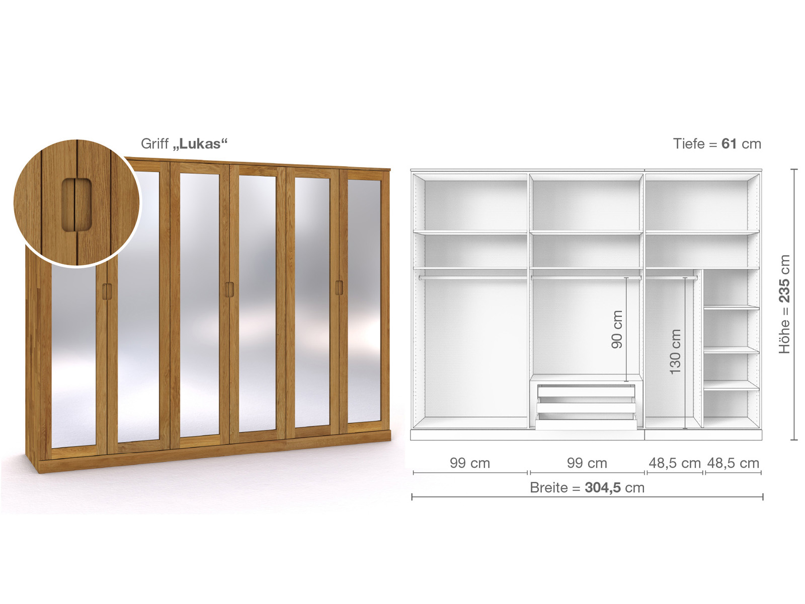 Eichenschrank „Alpenrose“, 6-türig, Höhe 235 cm, Griffausführung „Lukas“, Inneneinrichtung B