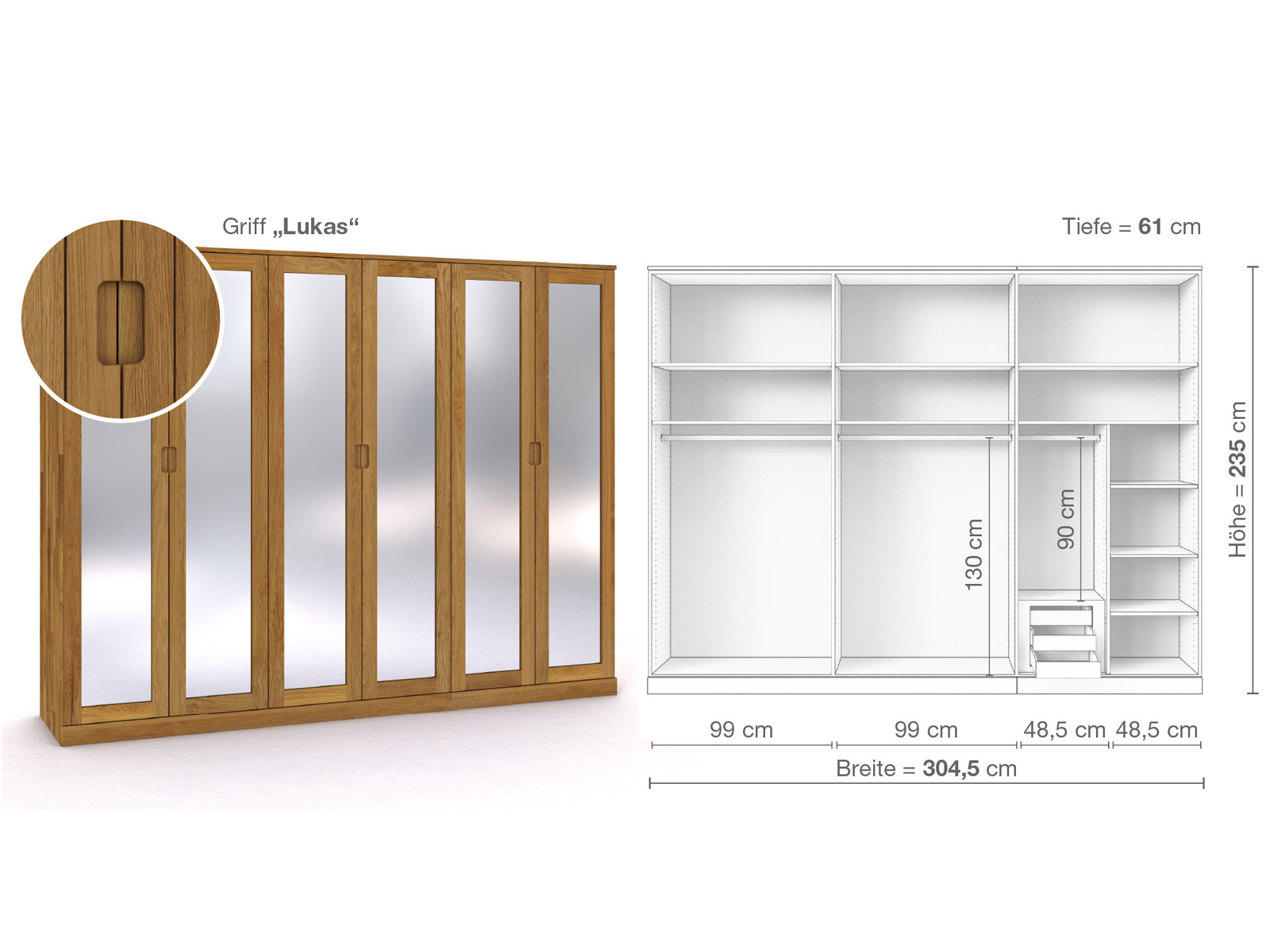 Eichenschrank „Alpenrose“, 6-türig, Höhe 235 cm, Griffausführung „Lukas“, Inneneinrichtung C