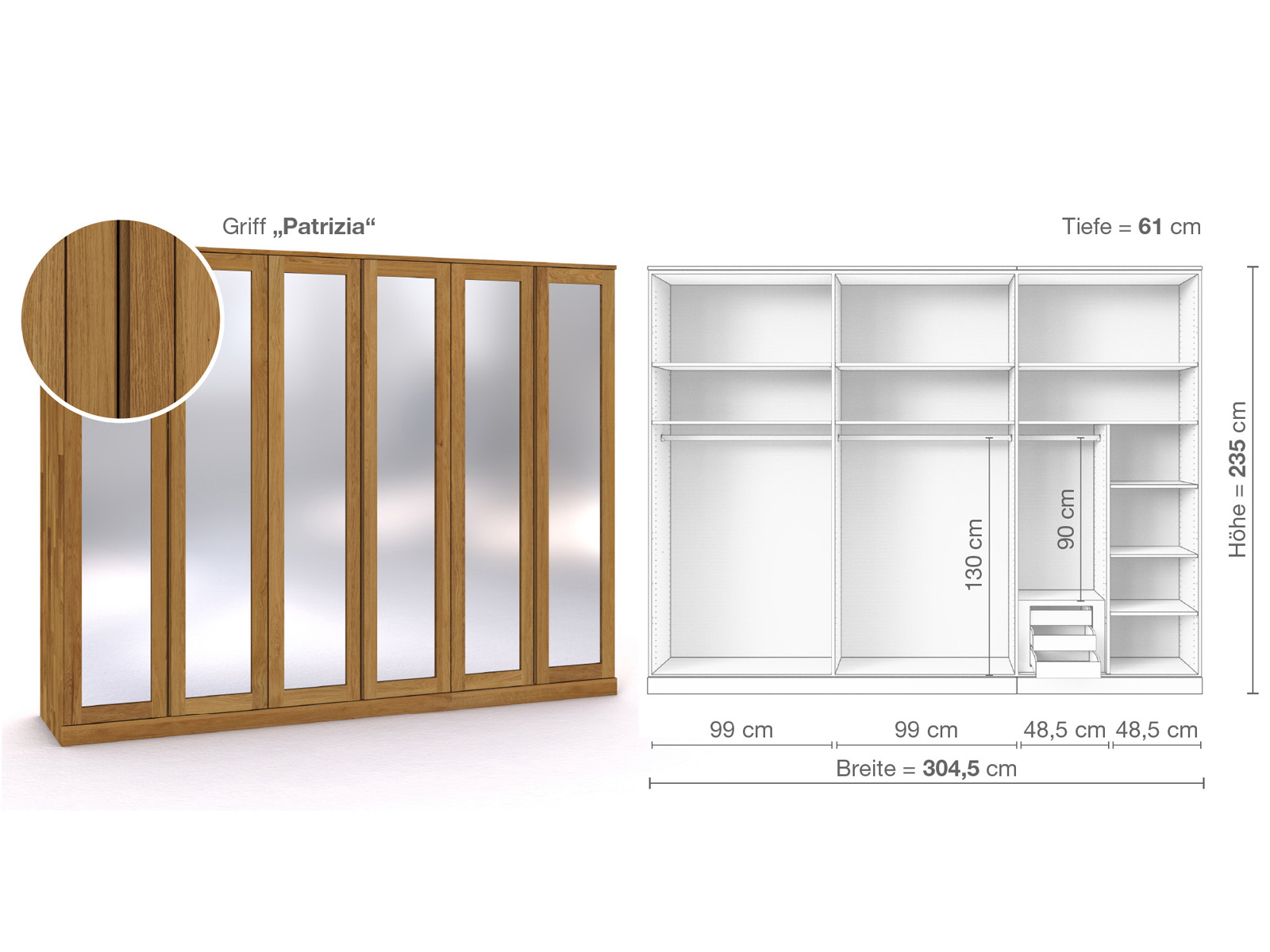 Eichenschrank „Alpenrose“, 6-türig, Höhe 235 cm, Griffausführung „Patrizia“, Inneneinrichtung C