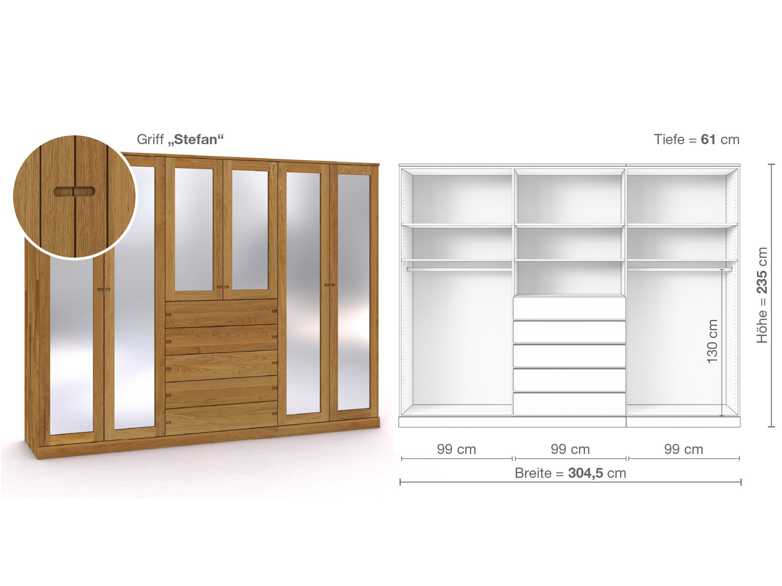 Eichenschrank „Alpenrose“, 6-türig, Höhe 235 cm, Griffausführung „Stefan“, Inneneinrichtung D