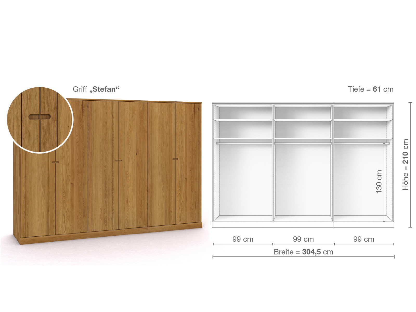 Eichenschrank „Arnika“, 6-türig, Höhe 210 cm, Griffausführung „Stefan“, Inneneinrichtung A