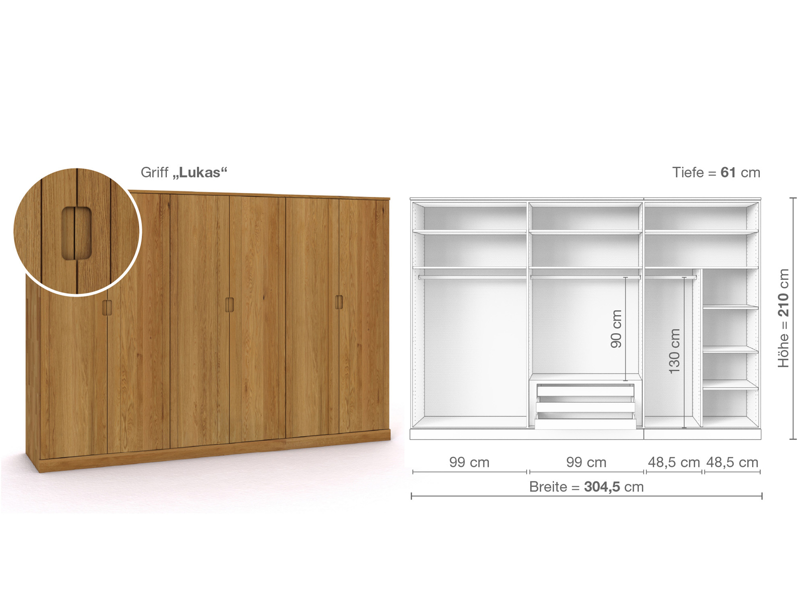 Eichenschrank „Arnika“, 6-türig, Höhe 210 cm, Griffausführung „Lukas“, Inneneinrichtung B