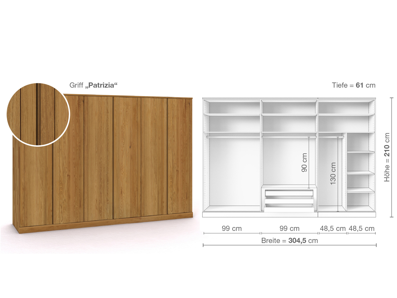 Eichenschrank „Arnika“, 6-türig, Höhe 210 cm, Griffausführung „Patrizia“, Inneneinrichtung B