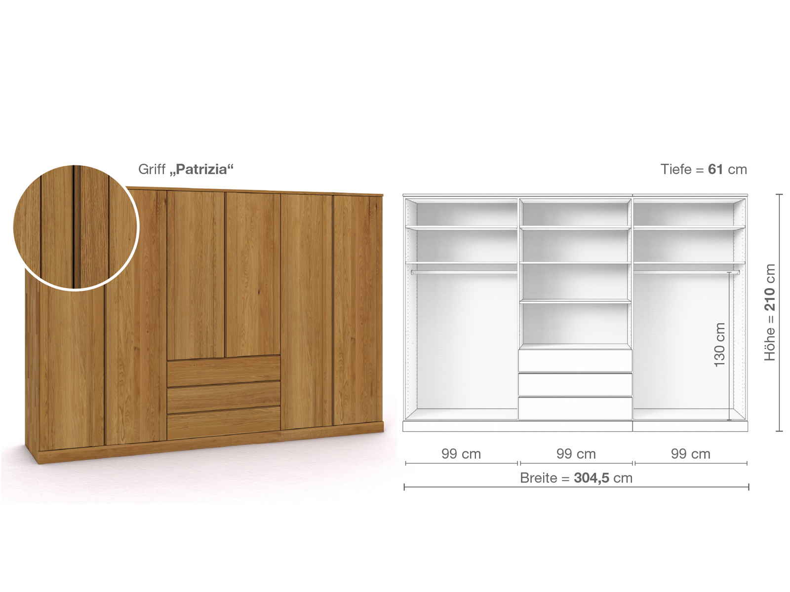 Eichenschrank „Arnika“, 6-türig, Höhe 210 cm, Griffausführung „Patrizia“, Inneneinrichtung D