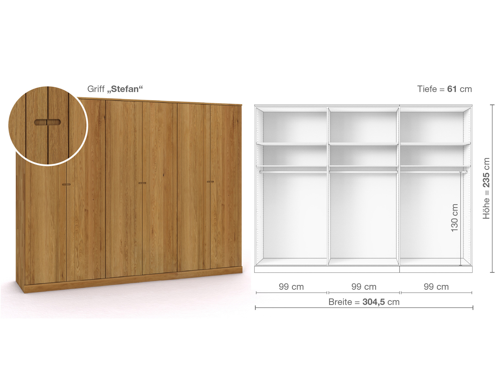 Eichenschrank „Arnika“, 6-türig, Höhe 235 cm, Griffausführung „Stefan“, Inneneinrichtung A