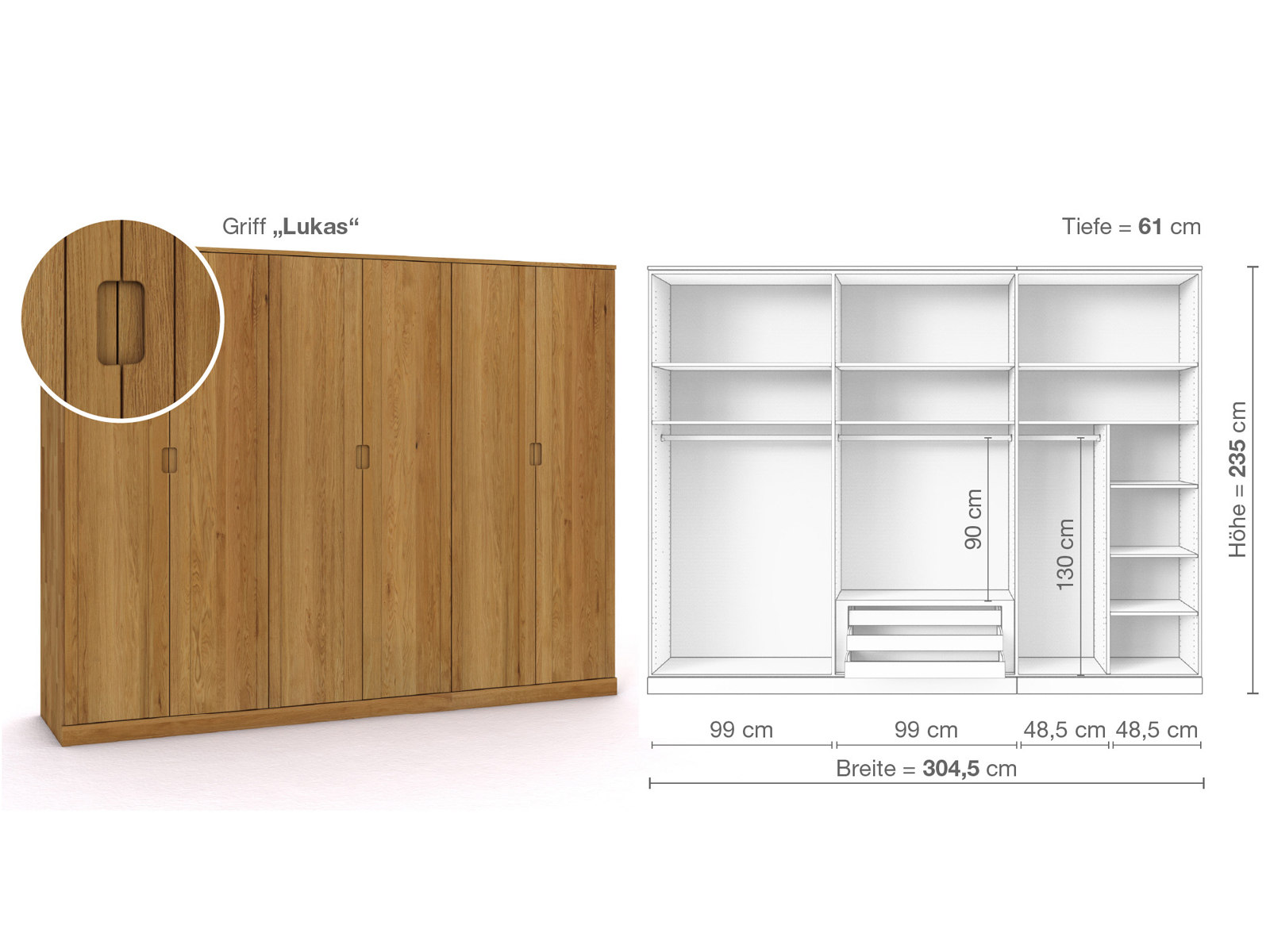 Eichenschrank „Arnika“, 6-türig, Höhe 235 cm, Griffausführung „Lukas“, Inneneinrichtung B