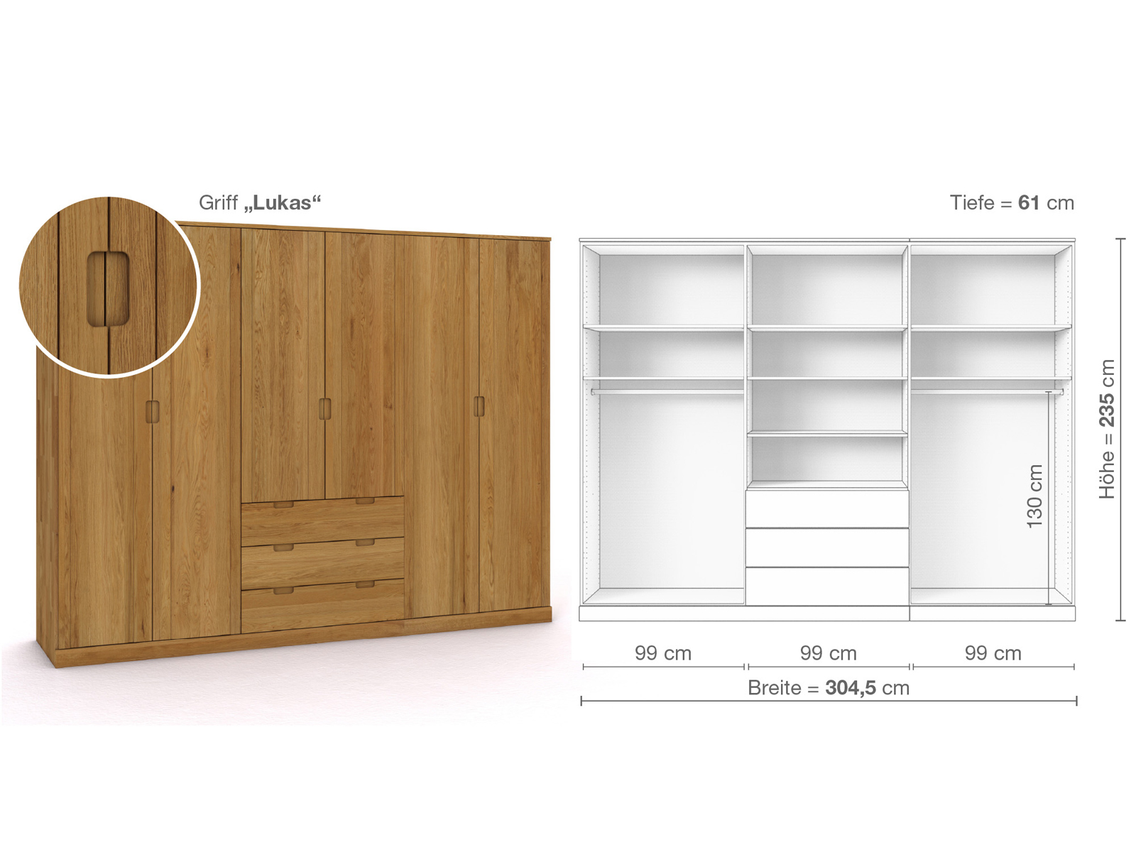 Eichenschrank „Arnika“, 6-türig, Höhe 235 cm, Griffausführung „Lukas“, Inneneinrichtung D