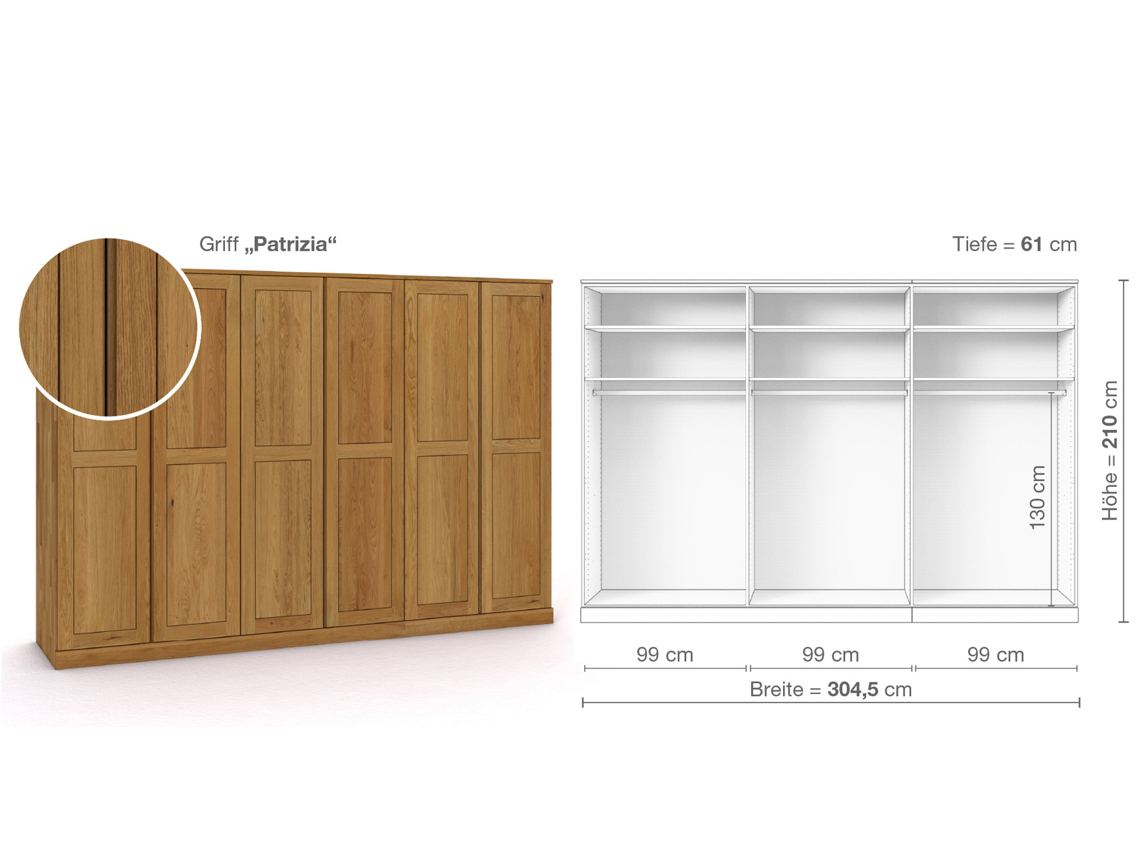 Eichenschrank „Edelweiß“, 6-türig, Höhe 210 cm, Griffausführung „Patrizia“, Inneneinrichtung A