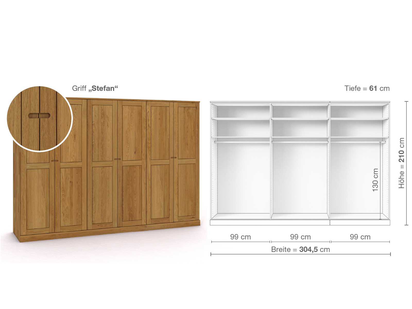 Eichenschrank „Edelweiß“, 6-türig, Höhe 210 cm, Griffausführung „Stefan“, Inneneinrichtung A