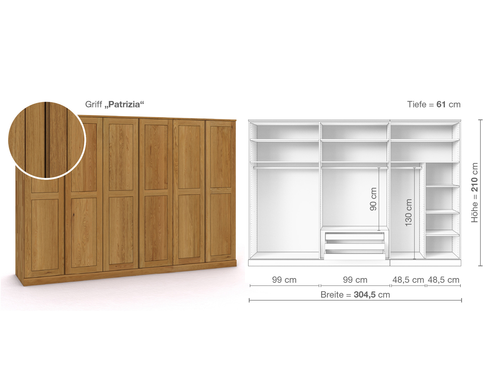 Eichenschrank „Edelweiß“, 6-türig, Höhe 210 cm, Griffausführung „Patrizia“, Inneneinrichtung B