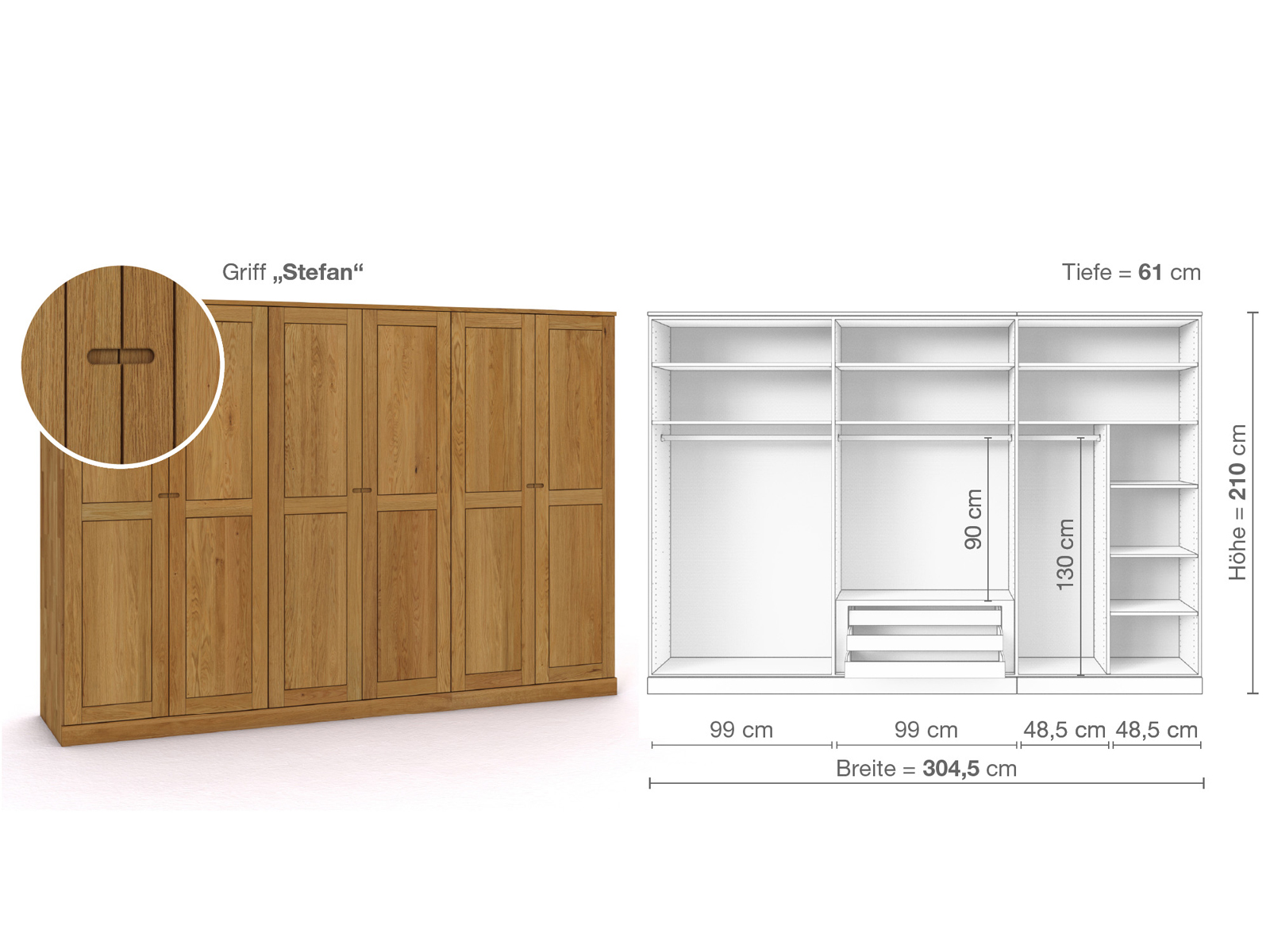 Eichenschrank „Edelweiß“, 6-türig, Höhe 210 cm, Griffausführung „Stefan“, Inneneinrichtung B