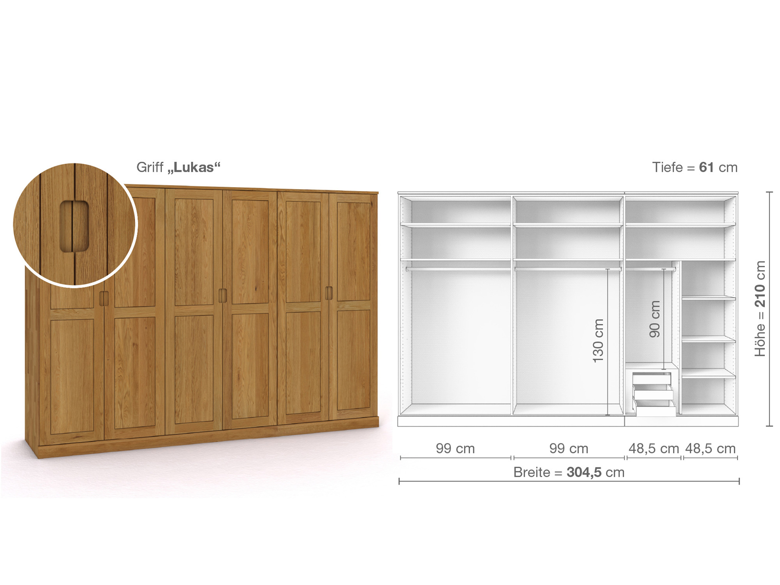 Eichenschrank „Edelweiß“, 6-türig, Höhe 210 cm, Griffausführung „Lukas“, Inneneinrichtung C