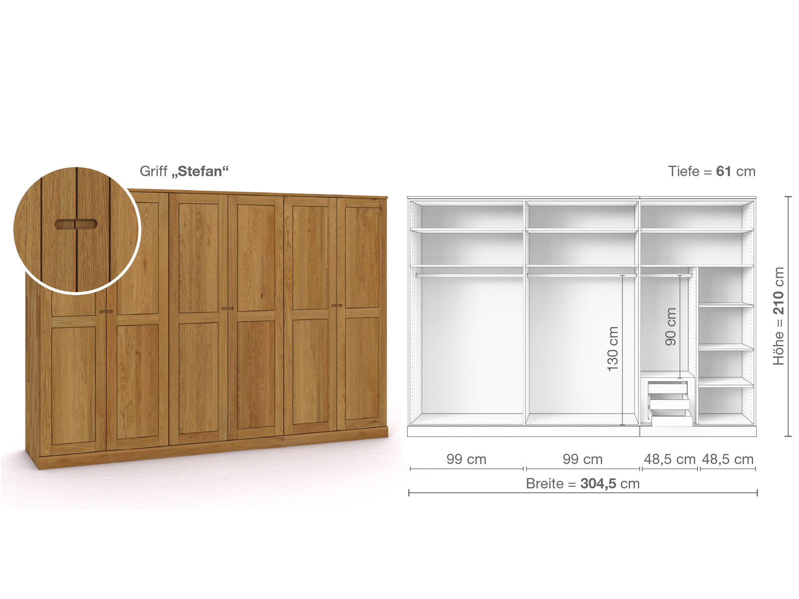 Eichenschrank „Edelweiß“, 6-türig, Höhe 210 cm, Griffausführung „Stefan“, Inneneinrichtung C