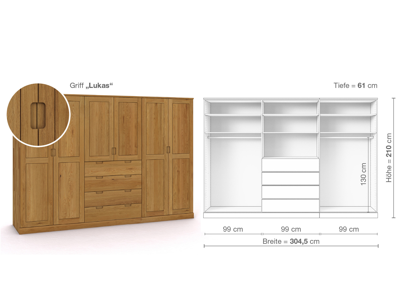 Eichenschrank „Edelweiß“, 6-türig, Höhe 210 cm, Griffausführung „Lukas“, Inneneinrichtung D