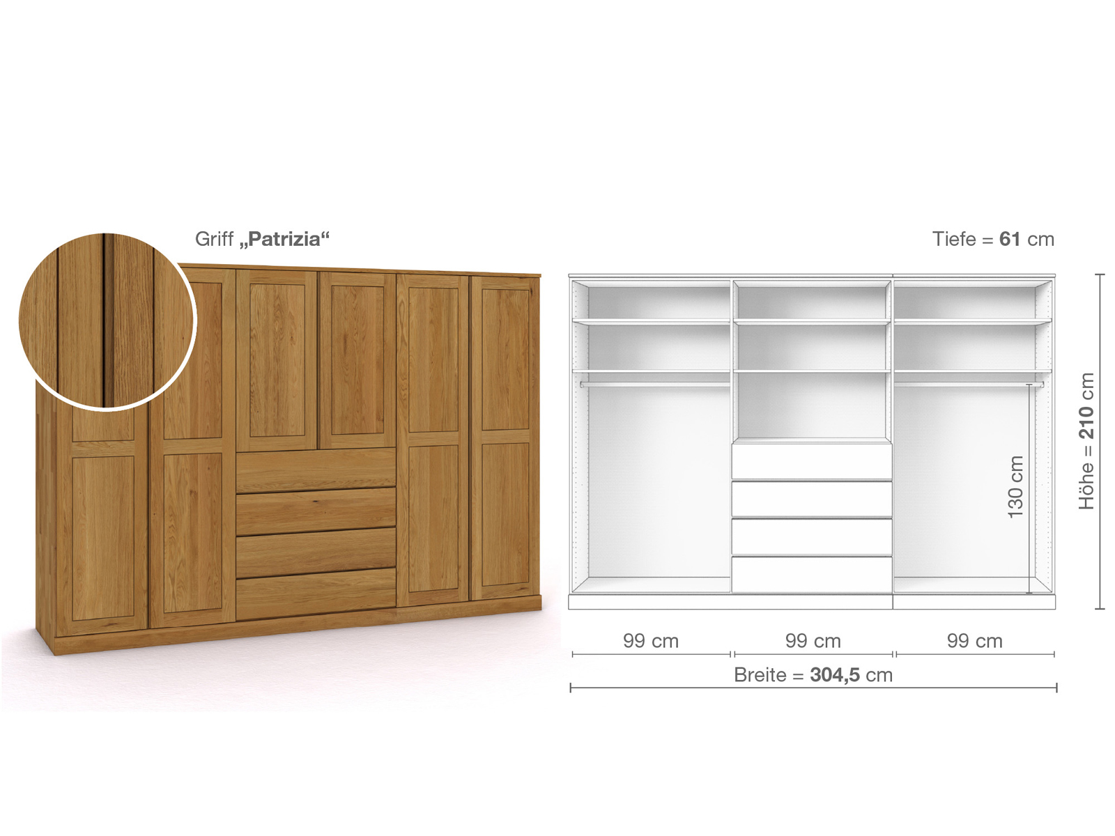 Eichenschrank „Edelweiß“, 6-türig, Höhe 210 cm, Griffausführung „Patrizia“, Inneneinrichtung D