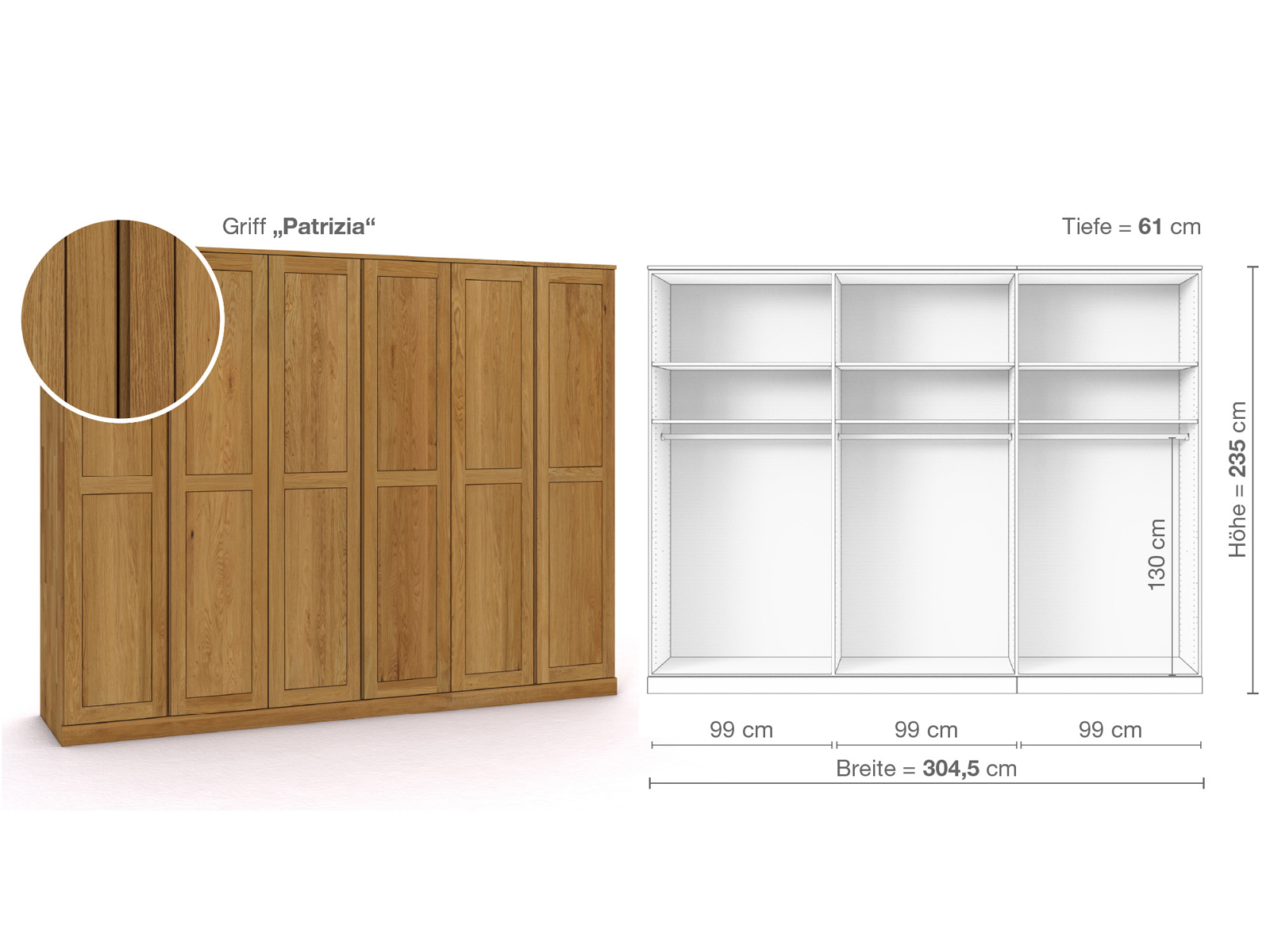 Eichenschrank „Edelweiß“, 6-türig, Höhe 235 cm, Griffausführung „Patrizia“, Inneneinrichtung A