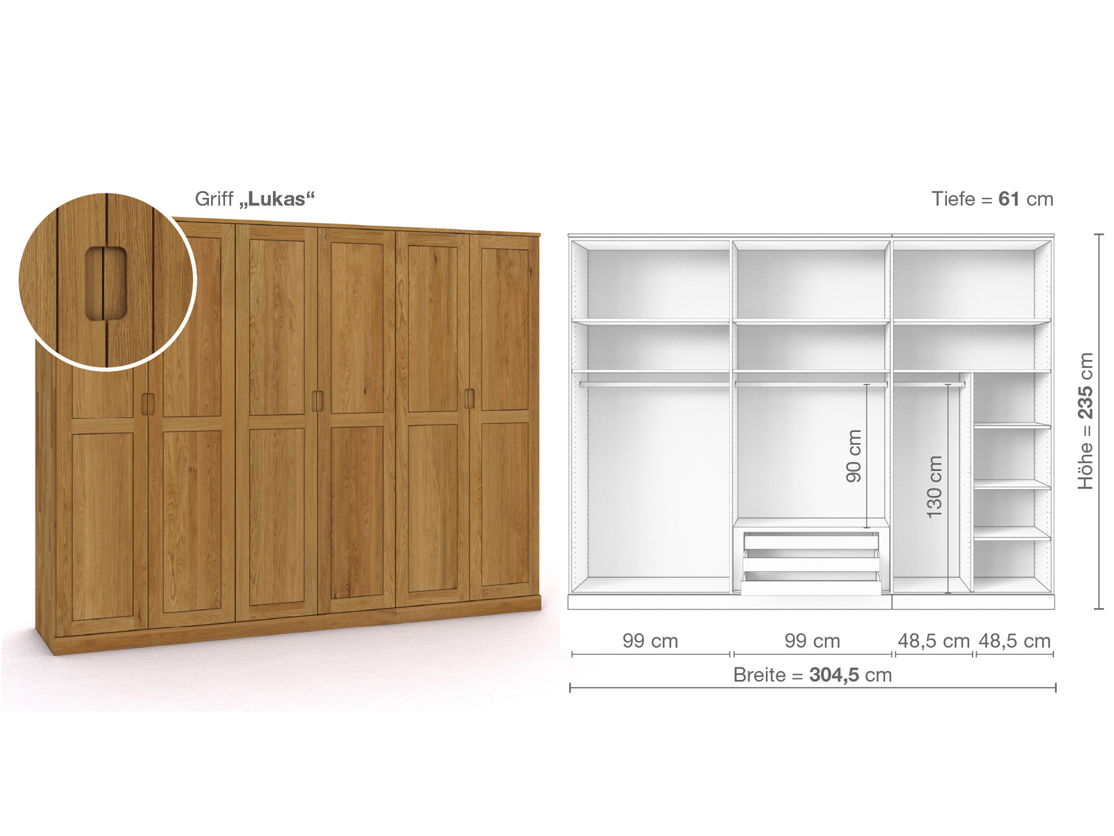 Eichenschrank „Edelweiß“, 6-türig, Höhe 235 cm, Griffausführung „Lukas“, Inneneinrichtung B