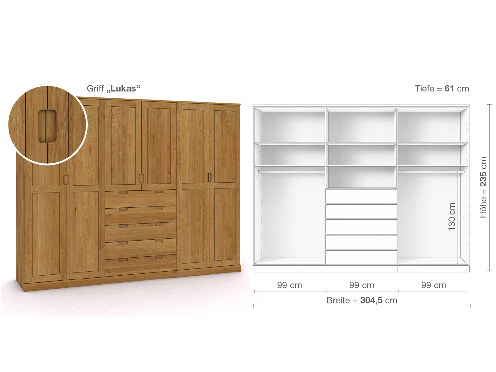 Eichenschrank „Edelweiß“, 6-türig, Höhe 235 cm, Griffausführung „Lukas“, Inneneinrichtung D