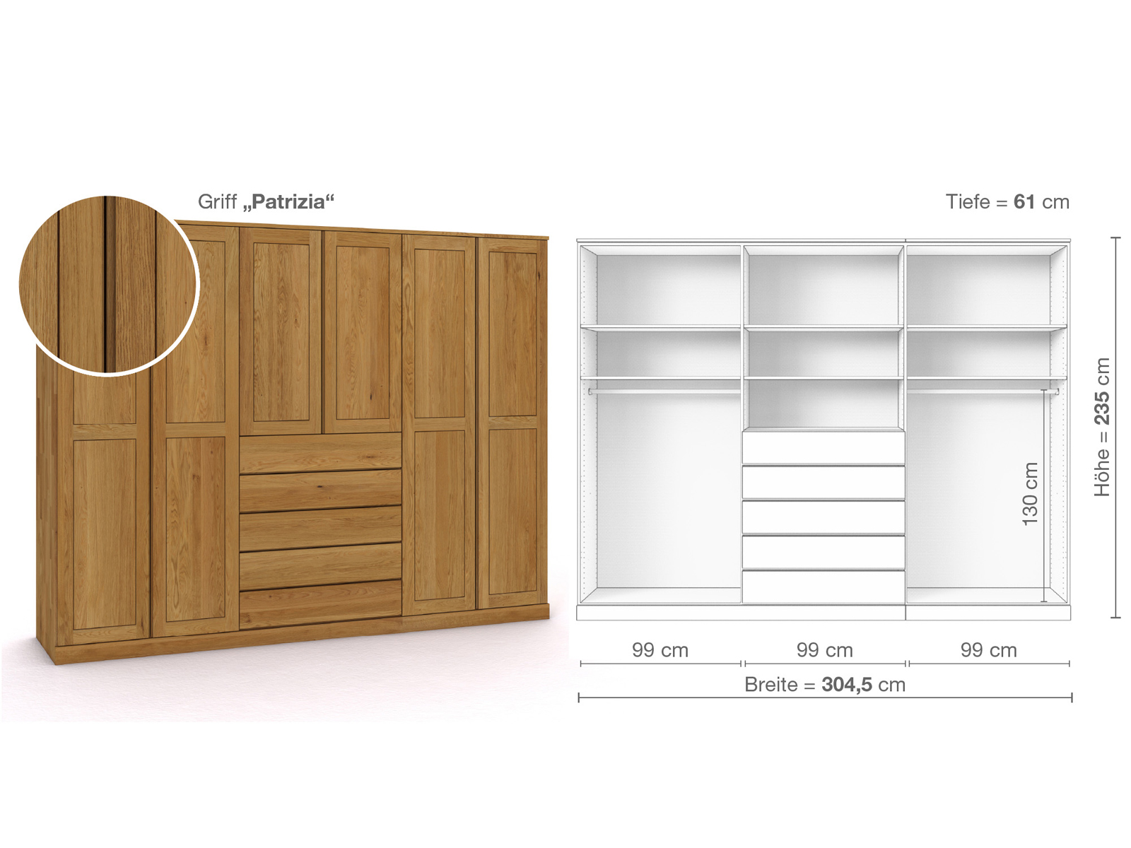 Eichenschrank „Edelweiß“, 6-türig, Höhe 235 cm, Griffausführung „Patrizia“, Inneneinrichtung D