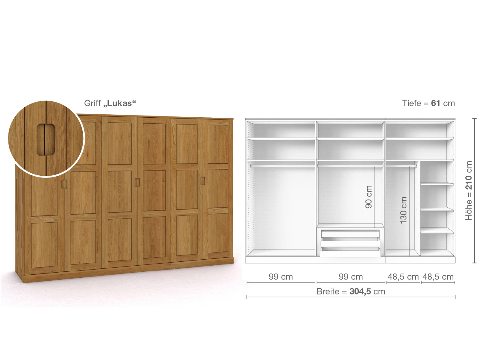 Eichenschrank „Enzian“, 6-türig, Höhe 210 cm, Griffausführung „Lukas“, Inneneinrichtung B