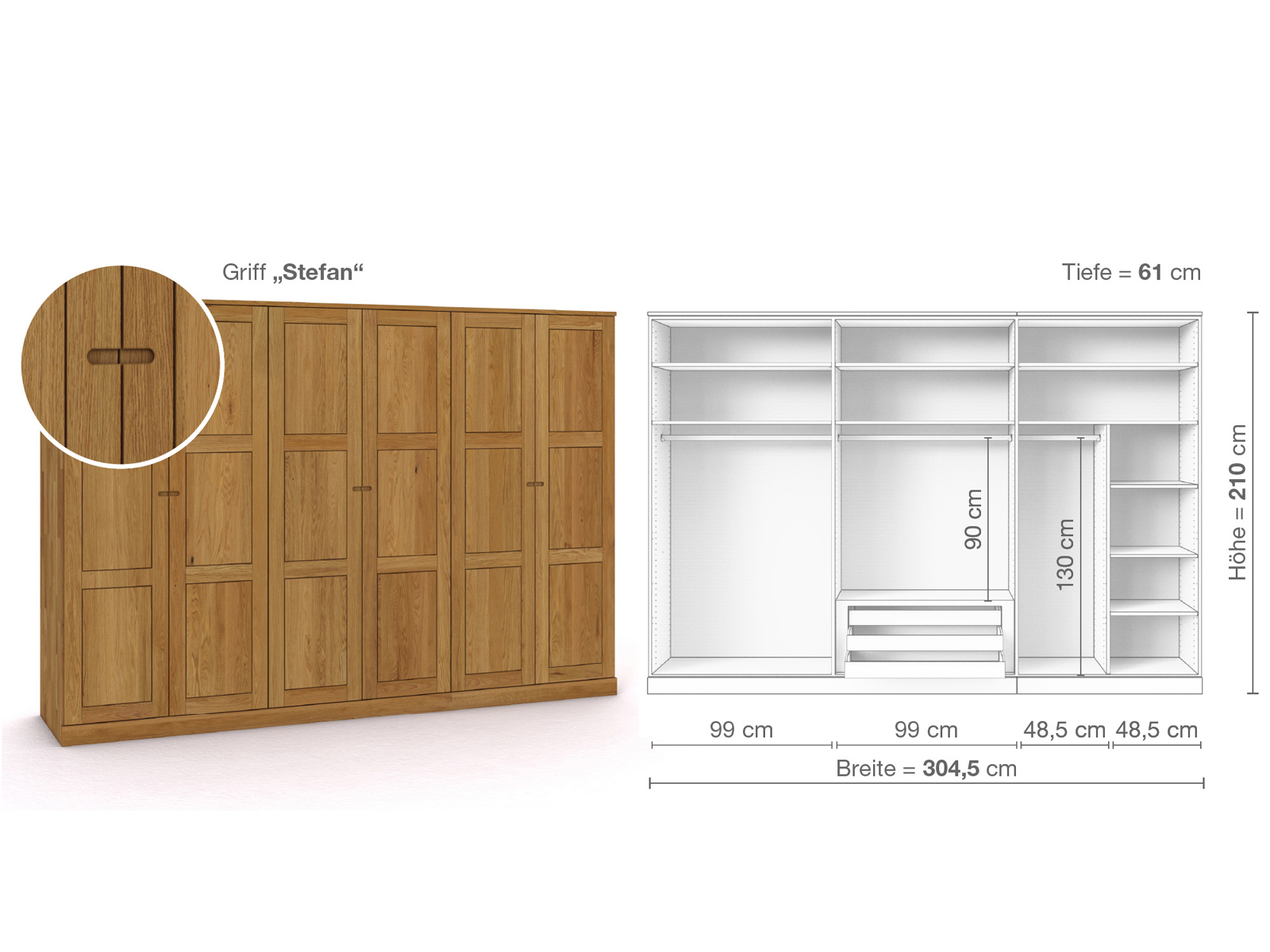 Eichenschrank „Enzian“, 6-türig, Höhe 210 cm, Griffausführung „Stefan“, Inneneinrichtung B