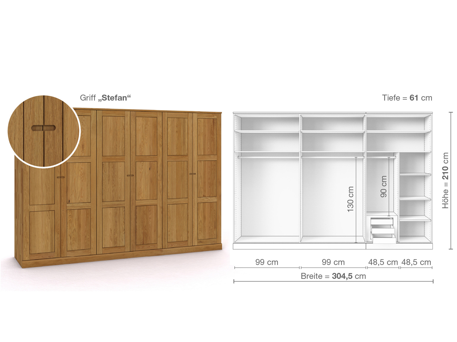 Eichenschrank „Enzian“, 6-türig, Höhe 210 cm, Griffausführung „Stefan“, Inneneinrichtung C