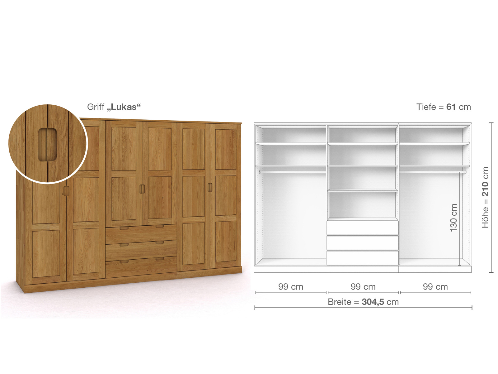 Eichenschrank „Enzian“, 6-türig, Höhe 210 cm, Griffausführung „Lukas“, Inneneinrichtung D