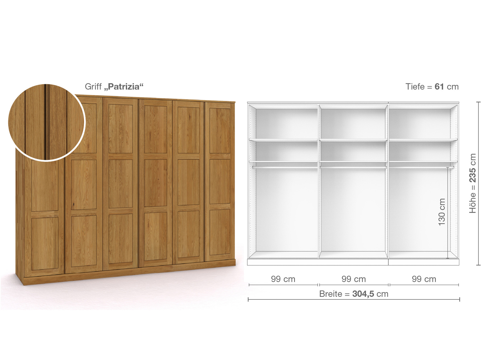 Eichenschrank „Enzian“, 6-türig, Höhe 235 cm, Griffausführung „Patrizia“, Inneneinrichtung A