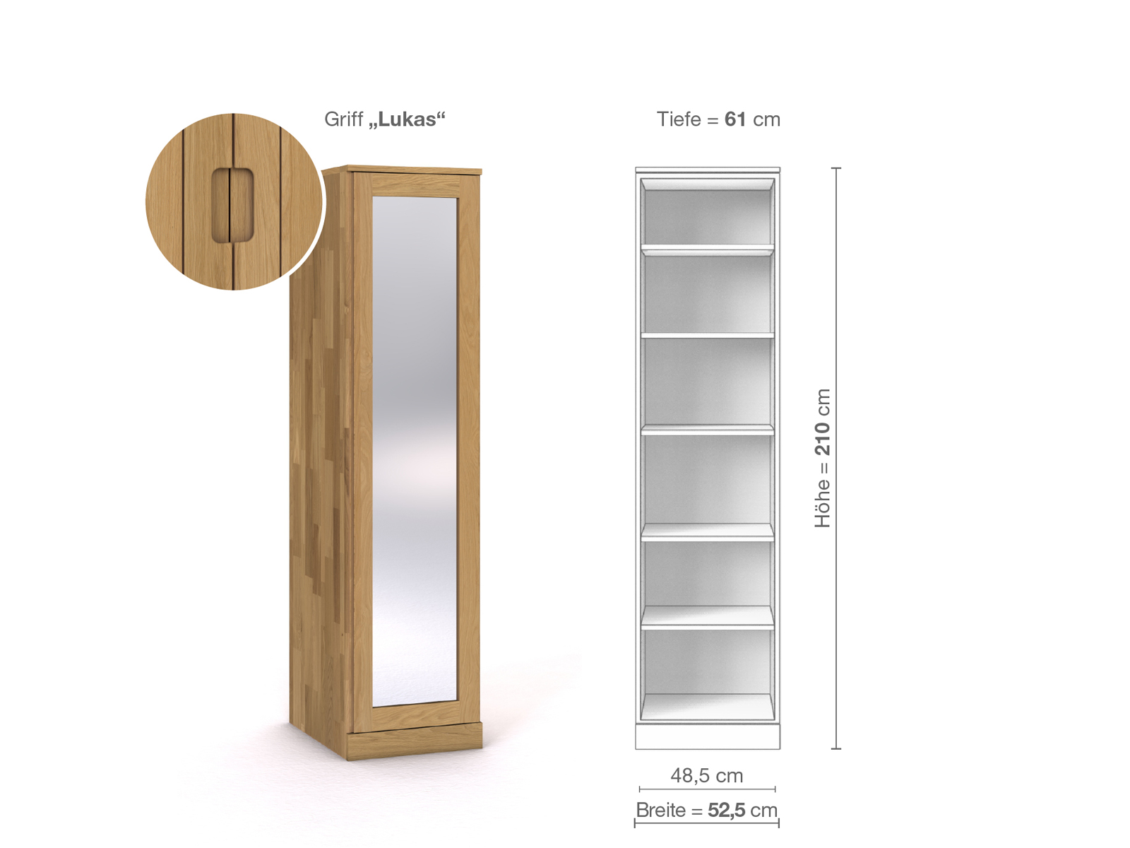 Schrank „Alpenrose“ aus Eiche Hell, 1-türig, Höhe 210 cm, Griffausführung „Lukas“, Inneneinrichtung B, Türanschlag links