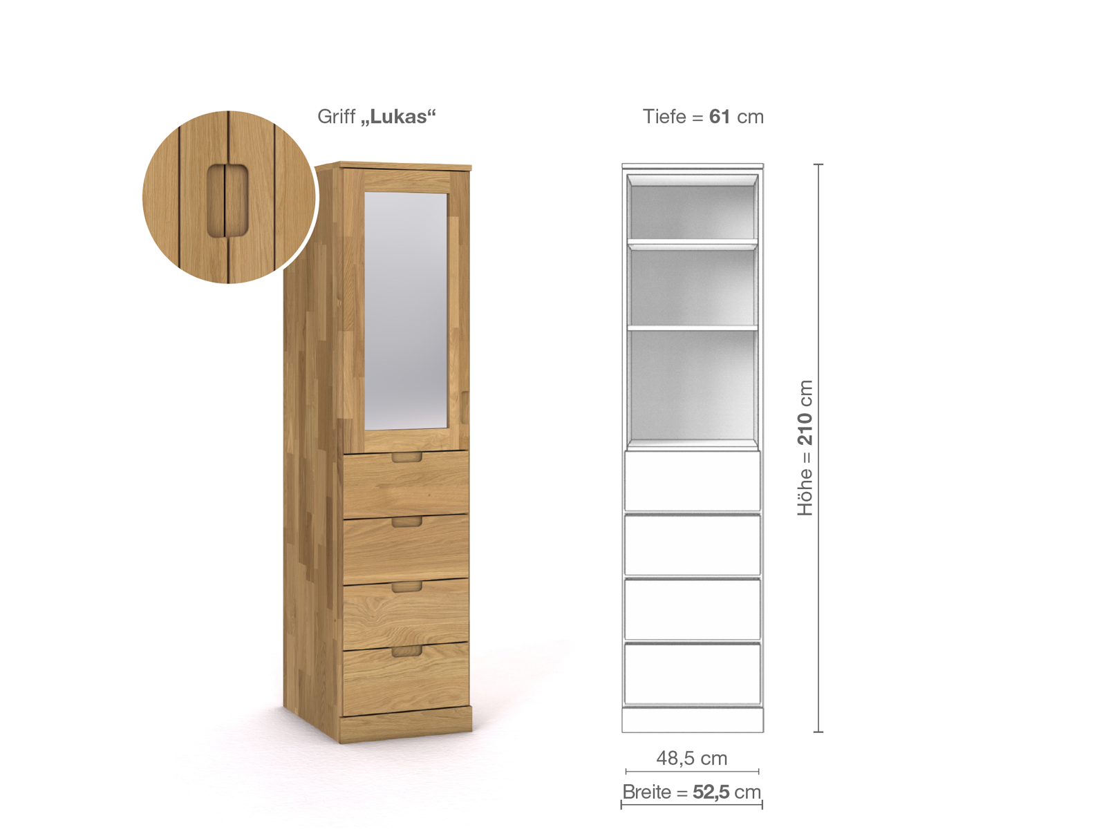 Schrank „Alpenrose“ aus Eiche Hell, 1-türig, Höhe 210 cm, Griffausführung „Lukas“, Inneneinrichtung D, Türanschlag links