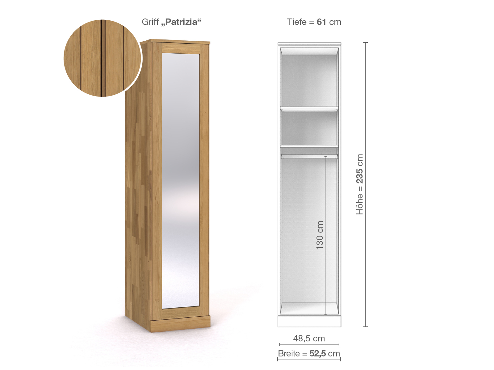 Schrank „Alpenrose“ aus Eiche Hell, 1-türig, Höhe 235 cm, Griffausführung „Patrizia“, Inneneinrichtung A, Türanschlag links